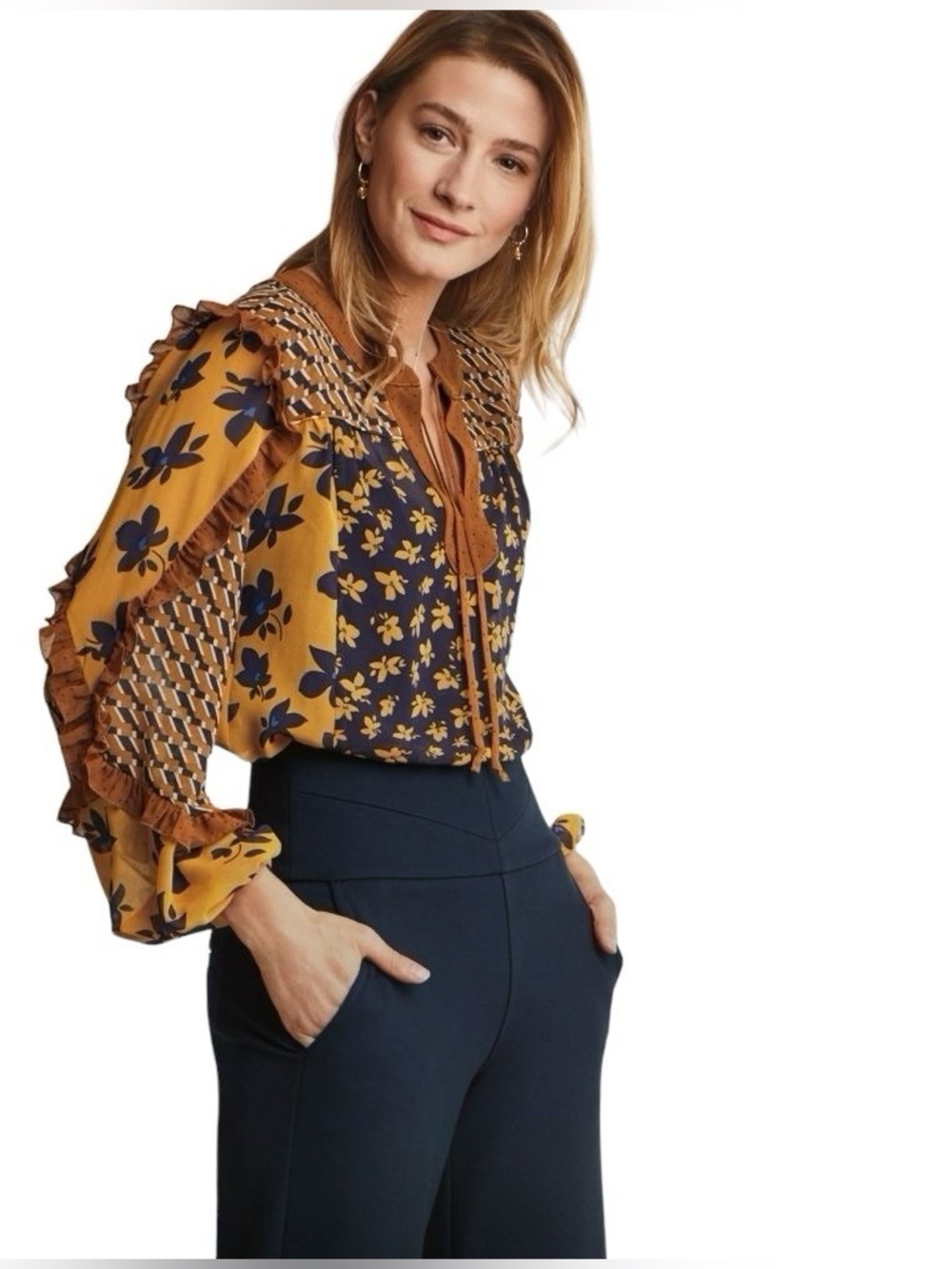 CAbi Mixed-Print Ruffle Tie-Neck Blouse in Mustard and Navy
